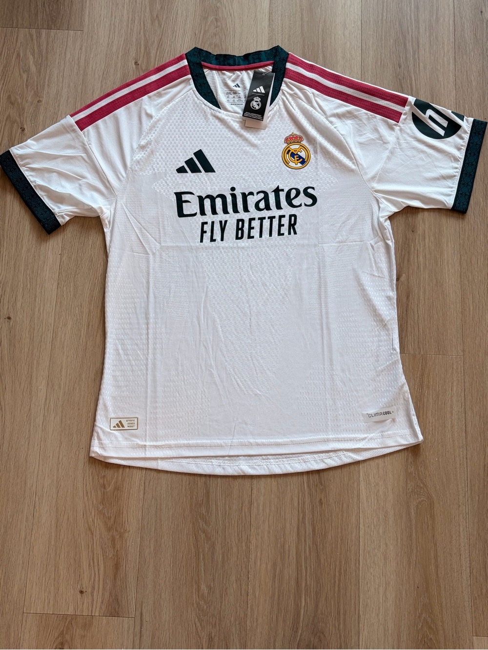 adidas Real Madrid White Jersey with Burgundy Shoulder Stripes